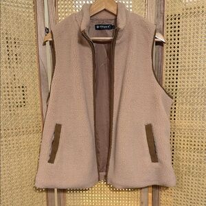 Allegra K Beige Fleece Vest with Brown Zipper